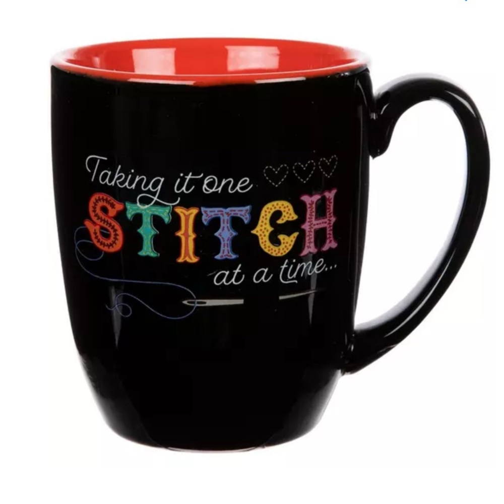 Taking It One STITCH At A Time Coffee Mug 15 oz Black w/ Red Multi-Color NEW NWT